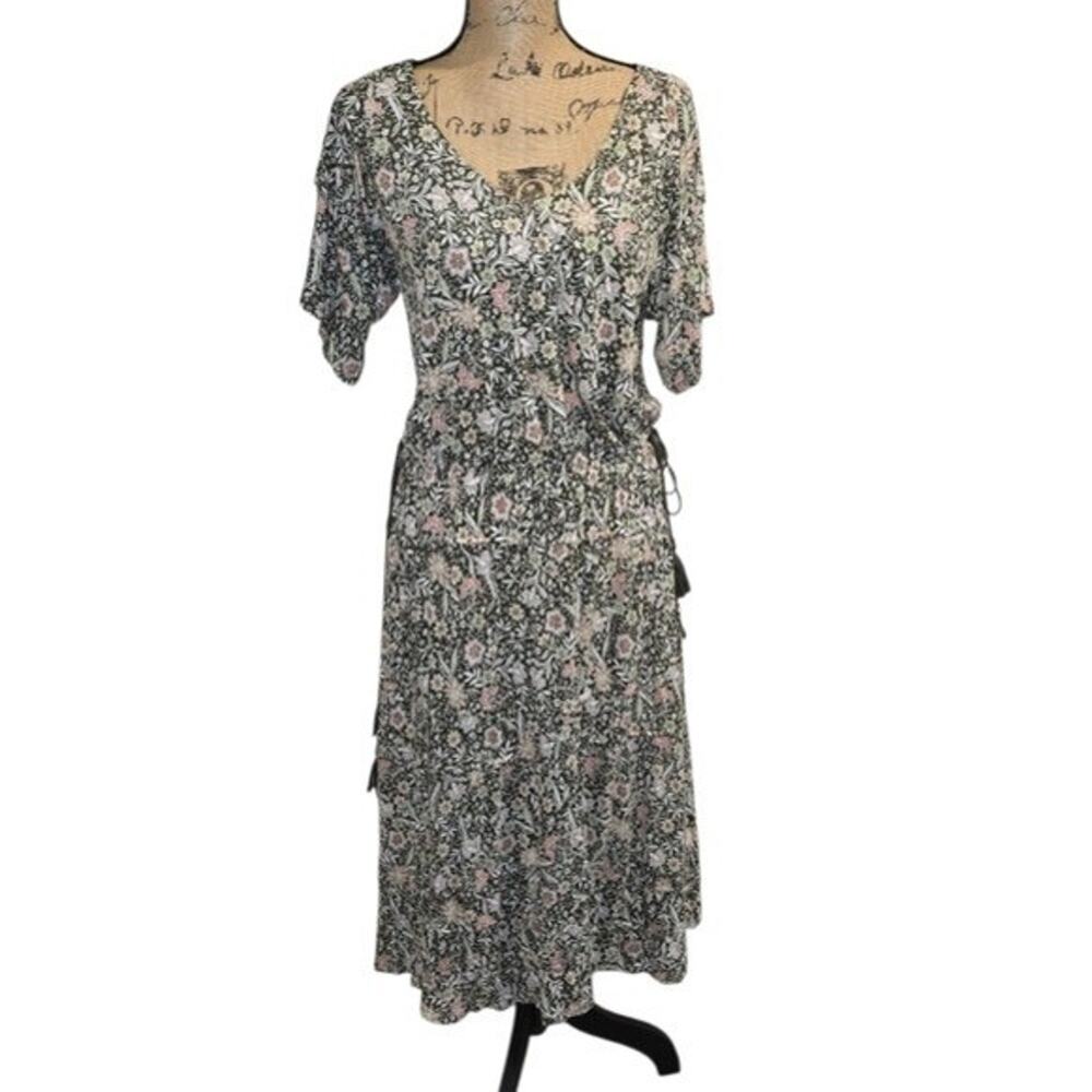 J. Jill Floral V-Neck Midi Dress Tassel Side Ties Olive Green Pink Short Sleeve